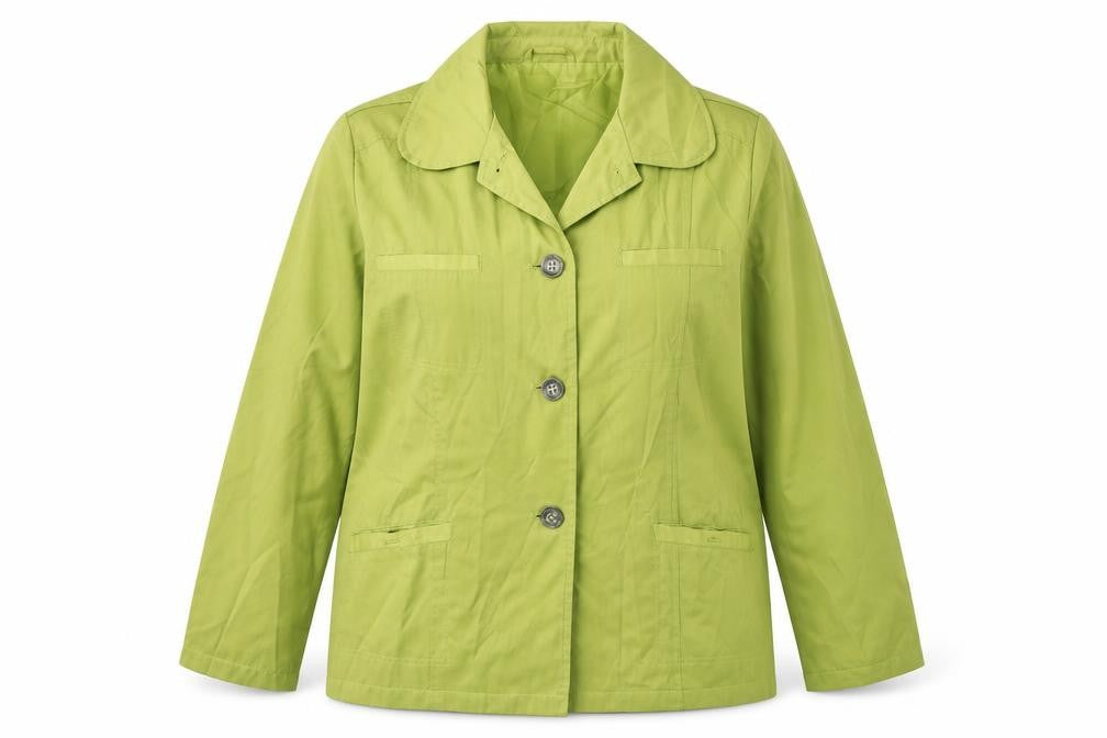 Front view of Being Casual women’s green jacket, size UK 16