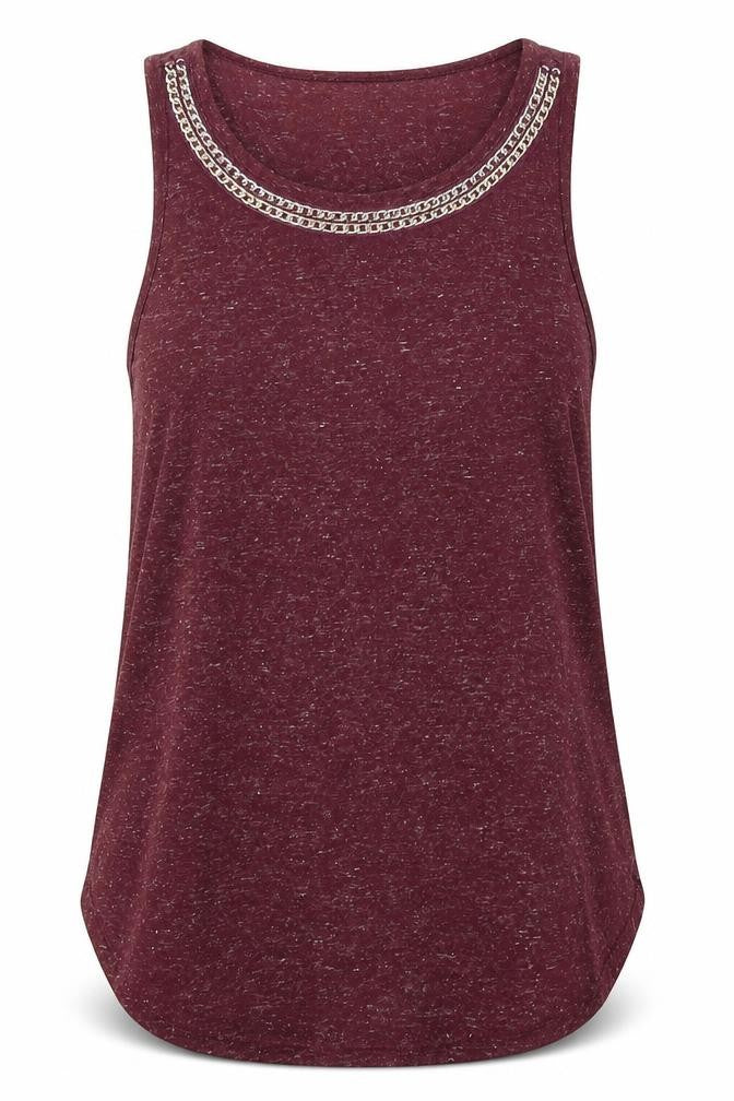 Front view of Atmosphere women’s purple polyester basic tank, size UK 6, round neck