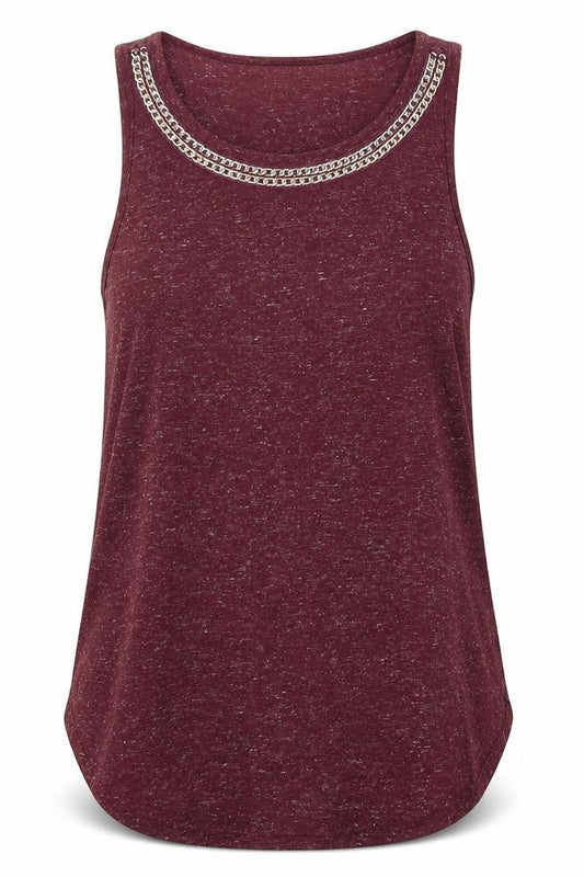 Front view of Atmosphere women’s purple polyester basic tank, size UK 6, round neck