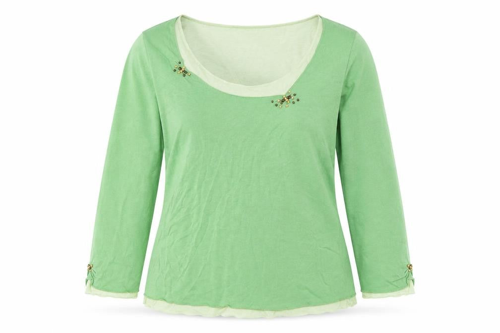 Front view of Per Una women’s green round neck cotton jumper, size UK 14