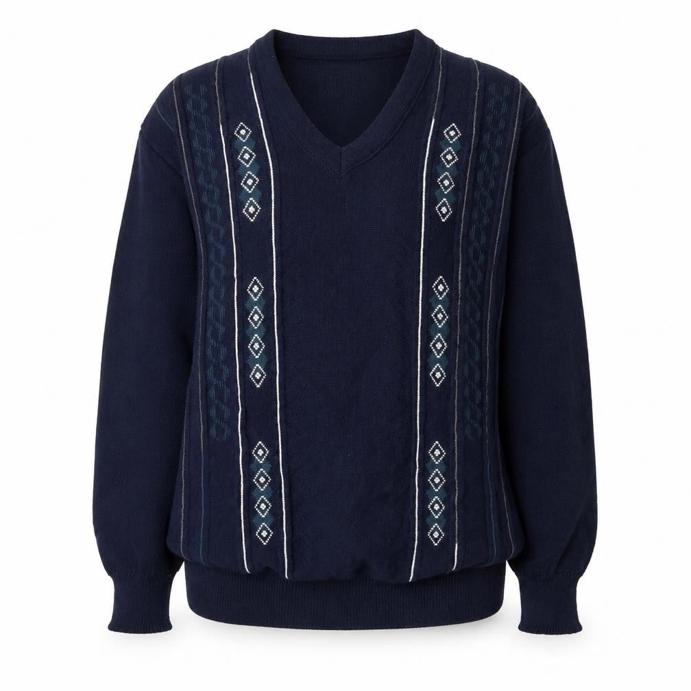 Front view of JBC Collection women’s blue v-neck acrylic jumper, size M