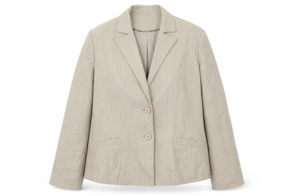 Front view of Klass women’s beige striped viscose jacket suit, size UK 16