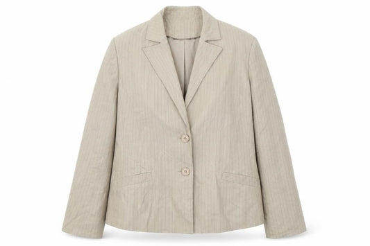 Front view of Klass women’s beige striped viscose jacket suit, size UK 16