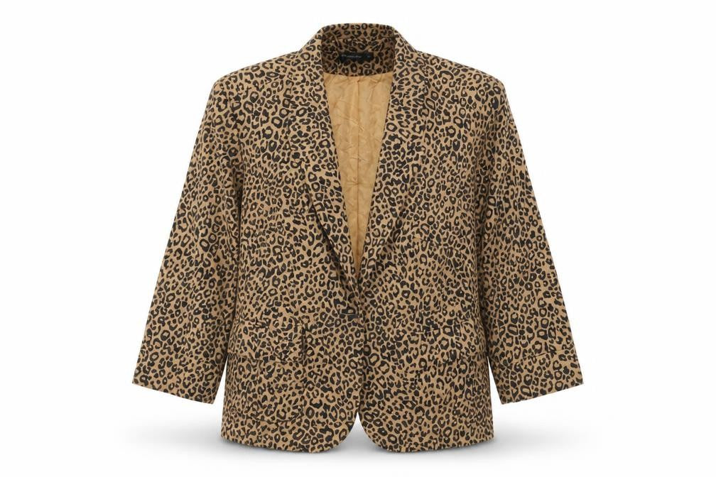 Front view of Internacionale women’s brown animal print polyester jacket suit, size UK 12