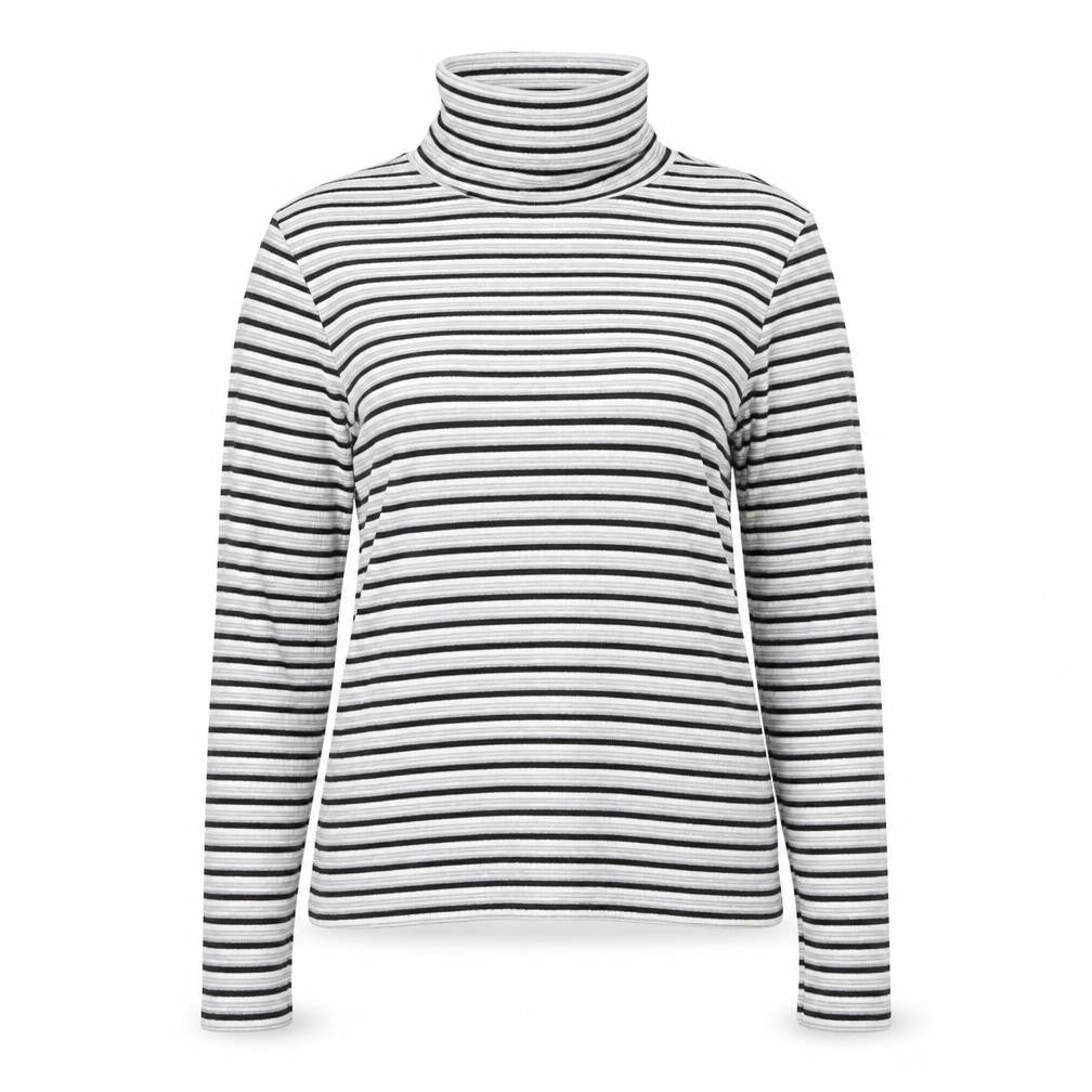 Front view of Poppy women’s multicoloured mock neck striped polyester jumper, size UK 12