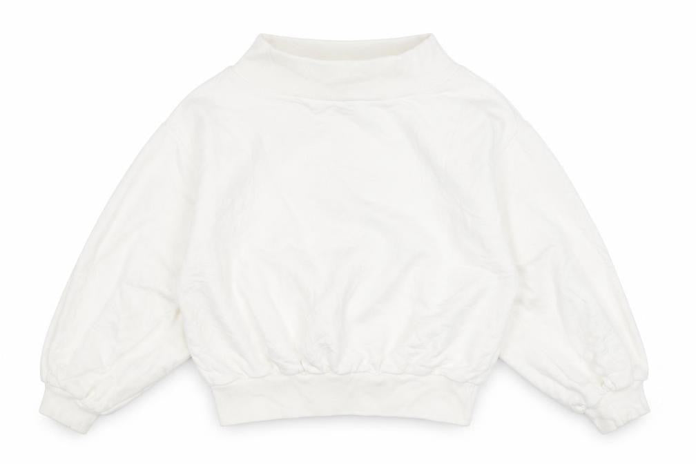 Front view of Boohoo women’s white cotton pullover sweatshirt, size UK 6