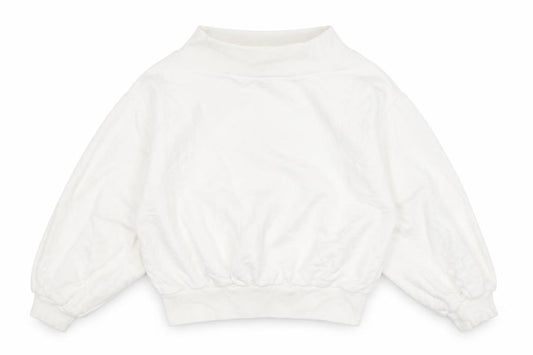 Front view of Boohoo women’s white cotton pullover sweatshirt, size UK 6