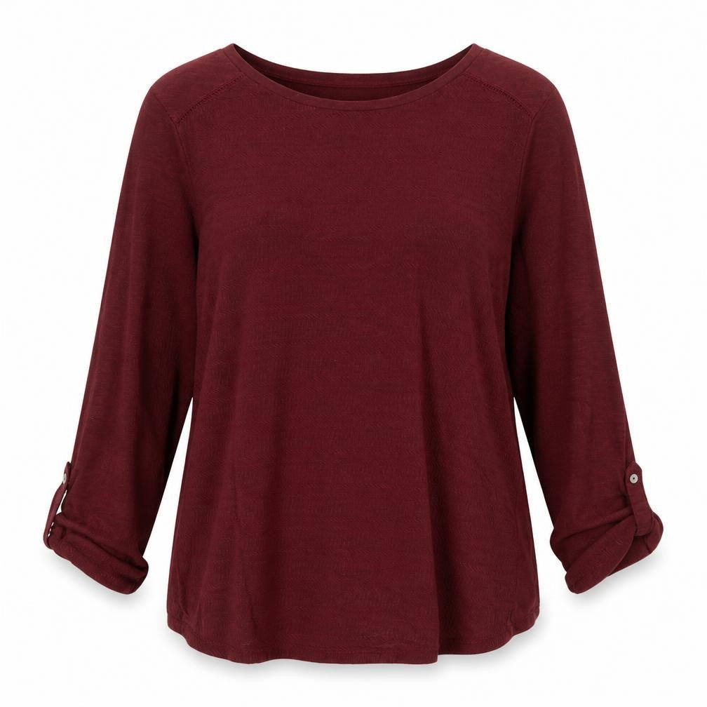 Front view of Dunnes women’s red round neck cotton jumper, size UK 12