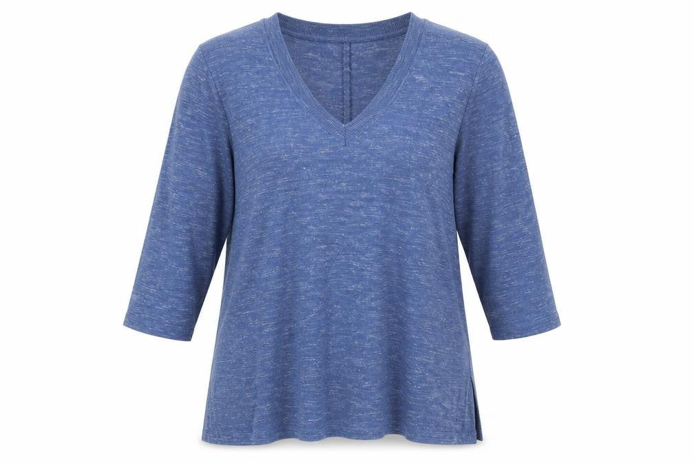 Front view of Amaryllis women’s blue v-neck acrylic jumper, size UK 16