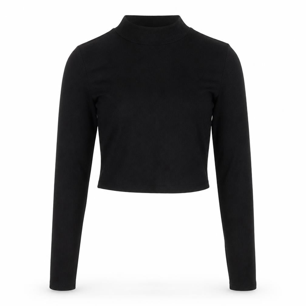 Front view of Primark women’s black mock neck polyester jumper, size UK 10