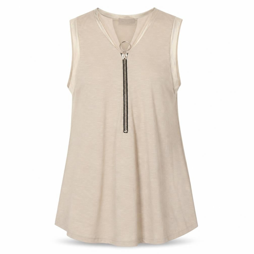 Front view of Sheilay women’s beige acrylic basic tank, size M, round neck