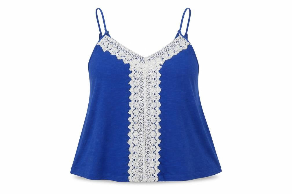 Front view of Love To Lounge women’s blue polyester basic tank, size UK 10, round neck