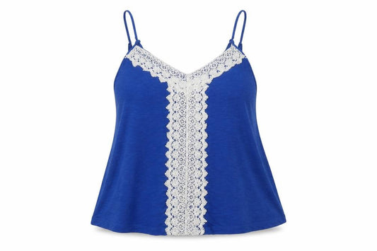 Front view of Love To Lounge women’s blue polyester basic tank, size UK 10, round neck