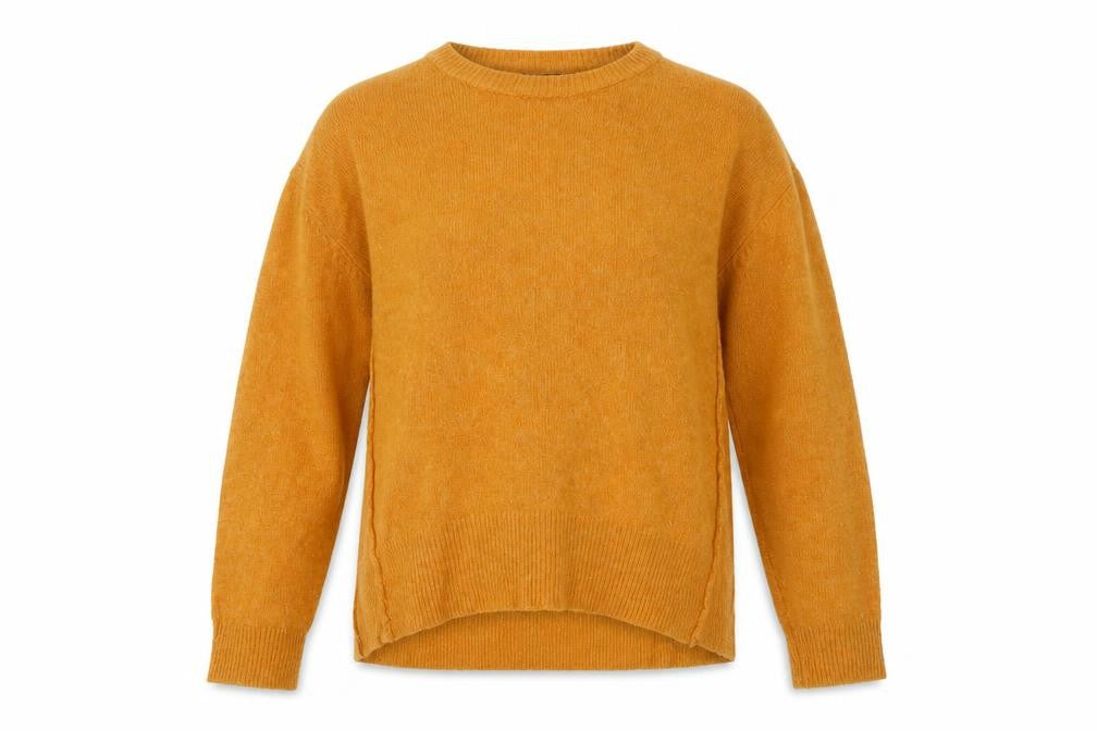 Front view of Primark women’s yellow round neck acrylic jumper, size UK 12