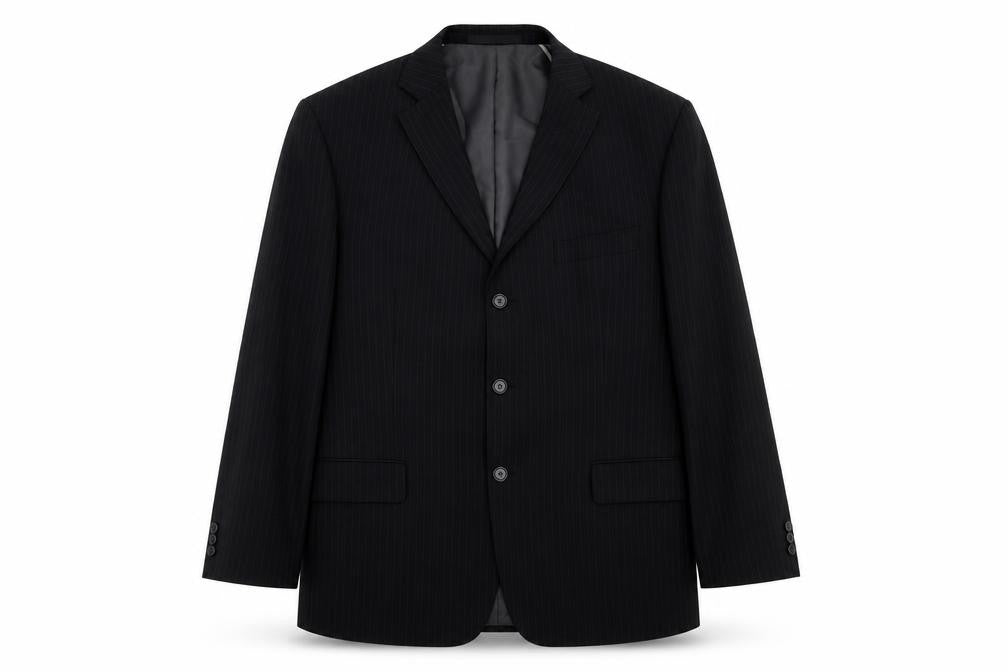 Front view of Marks & Spencer men’s black striped polyester jacket blazer, size M