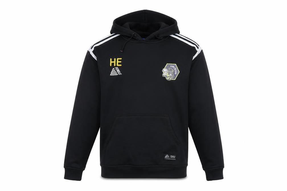 Front view of Pendle men’s black polyester pullover hoodie, size S