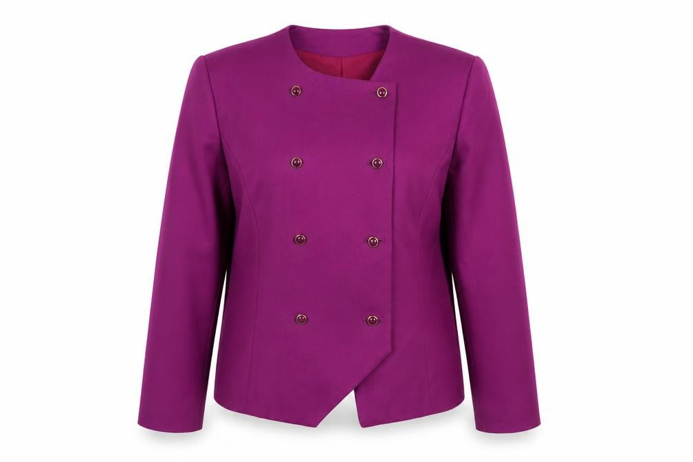 Front view of Elle London women’s purple jacket blazer, size UK 16, button