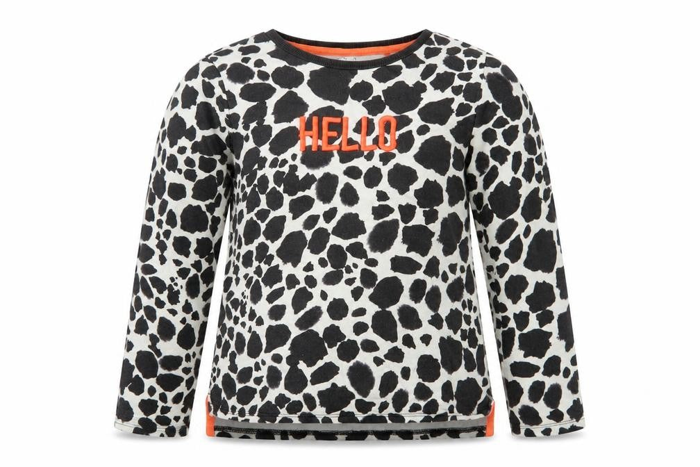 Front view of Next girls’ black animal print cotton pullover t-shirt, size 10, years crew neck pullover - hello