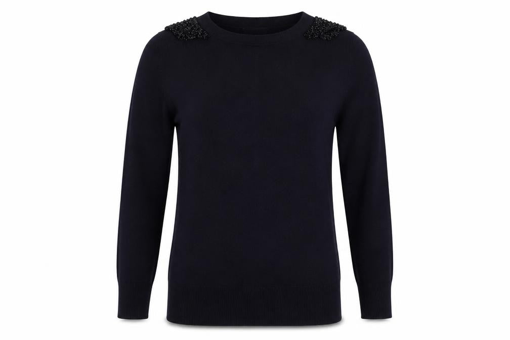Front view of Warehouse women’s blue boat neck viscose jumper, size UK 12