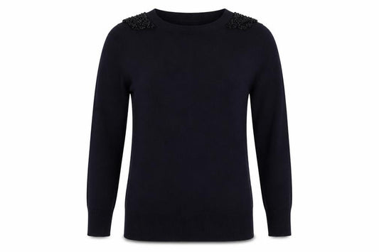Front view of Warehouse women’s blue boat neck viscose jumper, size UK 12