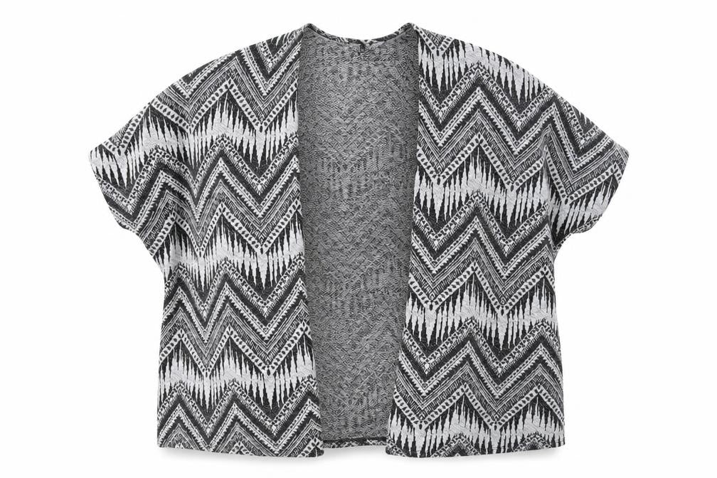 Front view of H&M women’s black v-neck geometric polyester cardigan jumper, size S