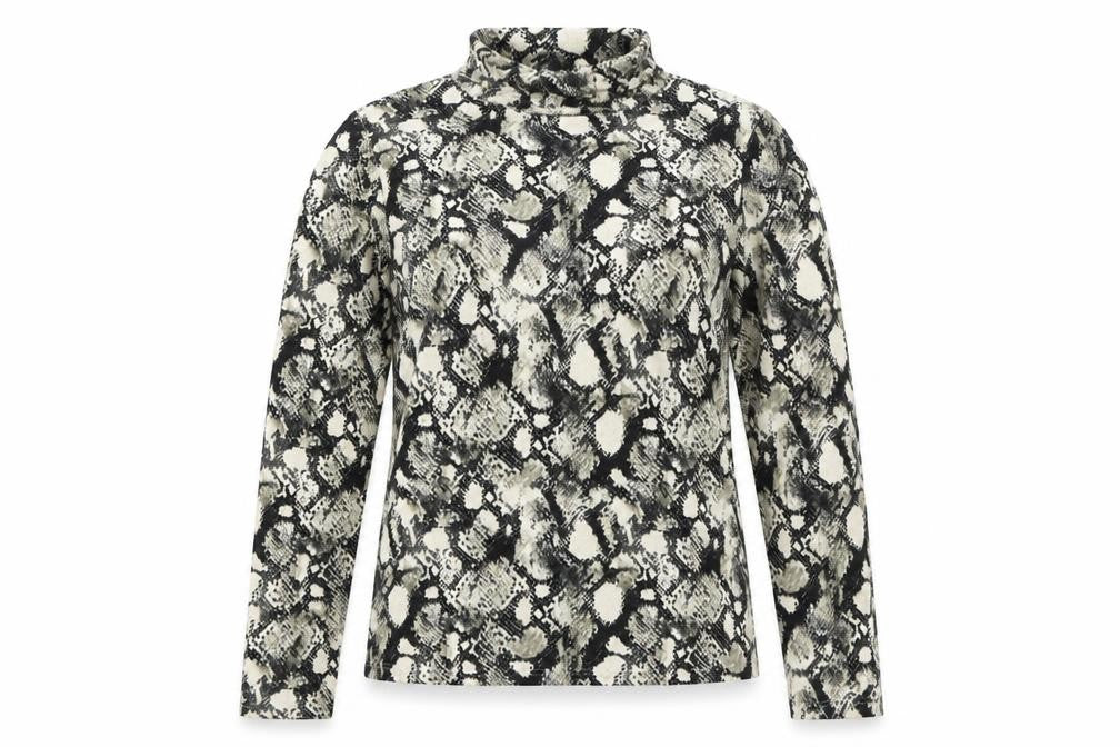Front view of Primark women’s black roll neck animal print polyester jumper, size S