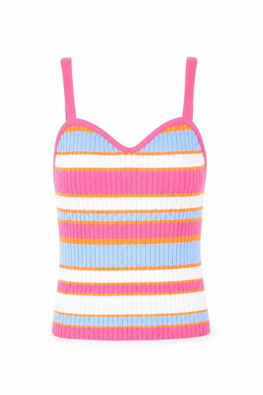 Front view of Savida women’s multicoloured striped polyester basic tank, size XS, v-neck