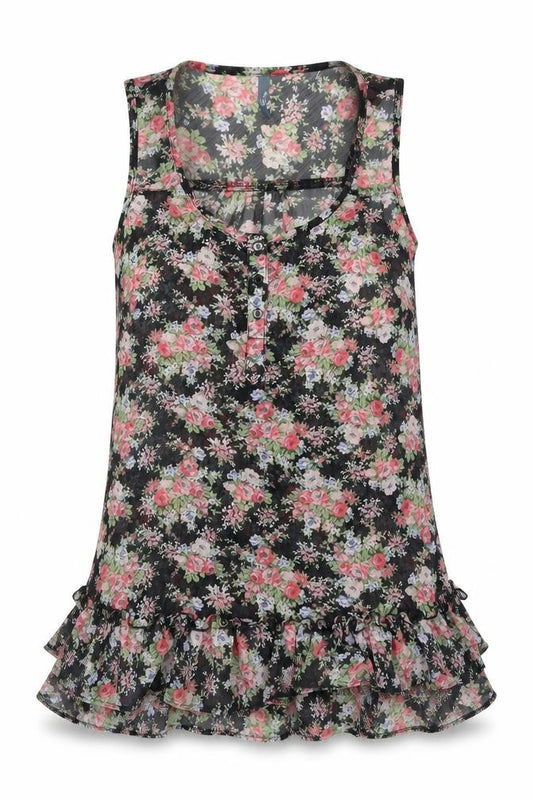Front view of Evie women’s multicoloured floral polyester camisole tank, size UK 10, round neck