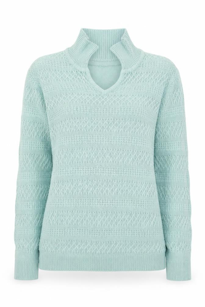 Front view of EWM women’s green collared acrylic jumper, size S