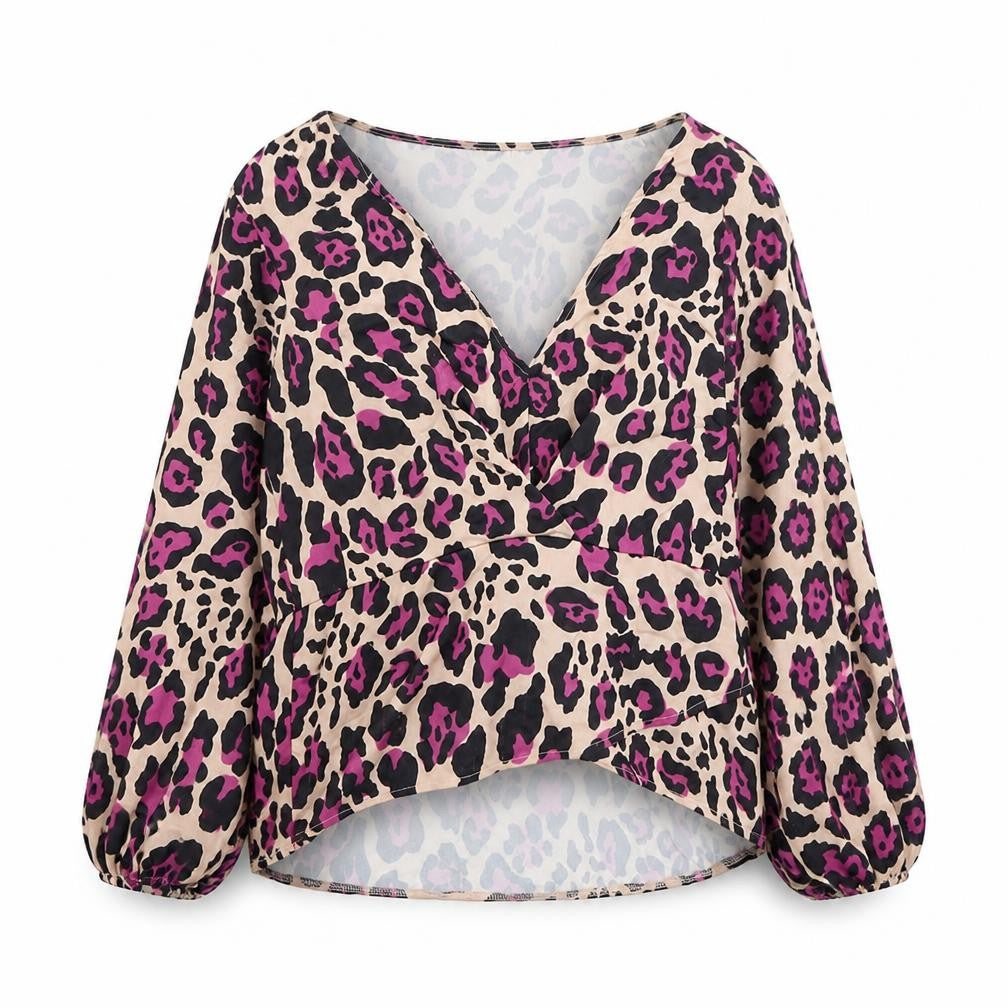 Front view of flouse london women’s multicoloured animal print polyester basic blouse, size UK 18, v-neck