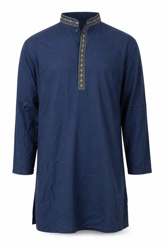 Front view of SHAHNAMEH men’s blue cotton button-up, size XS, collared