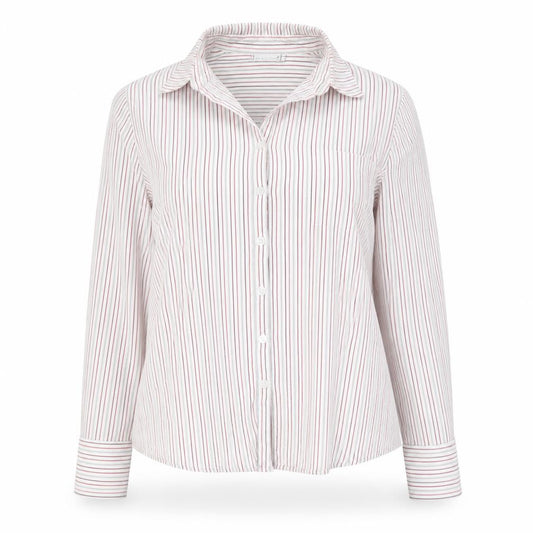 Front view of Dimensions women’s red striped cotton basic button-up, size UK 16, collared