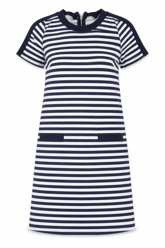 Front view of Atmosphere women’s blue striped polyester a-line, size UK 8, crew neck zip