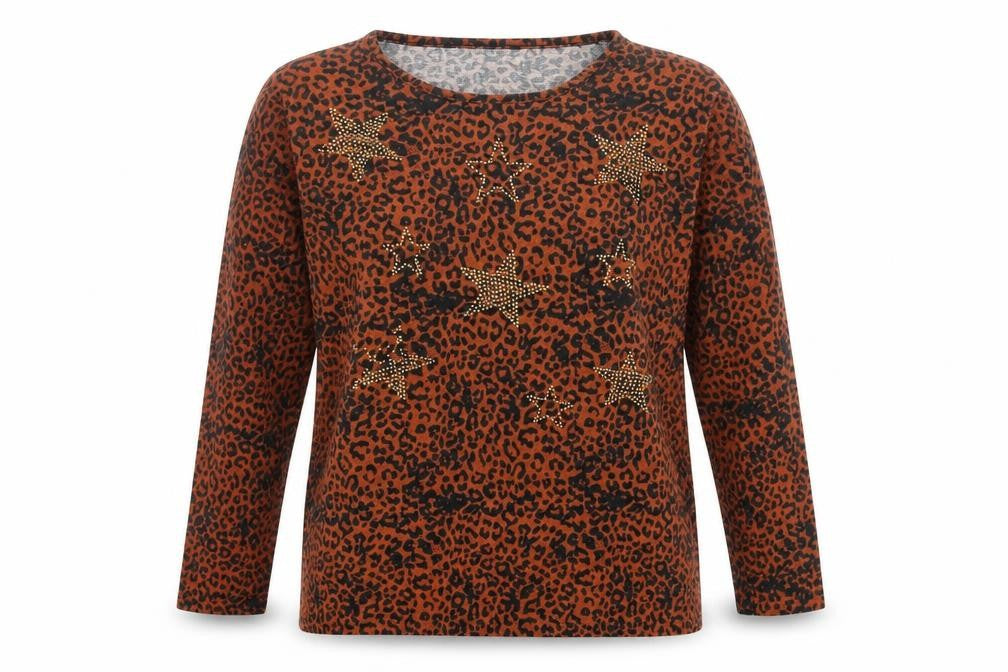 Front view of Text. women’s orange animal print polyester basic t-shirt, size L, crew neck