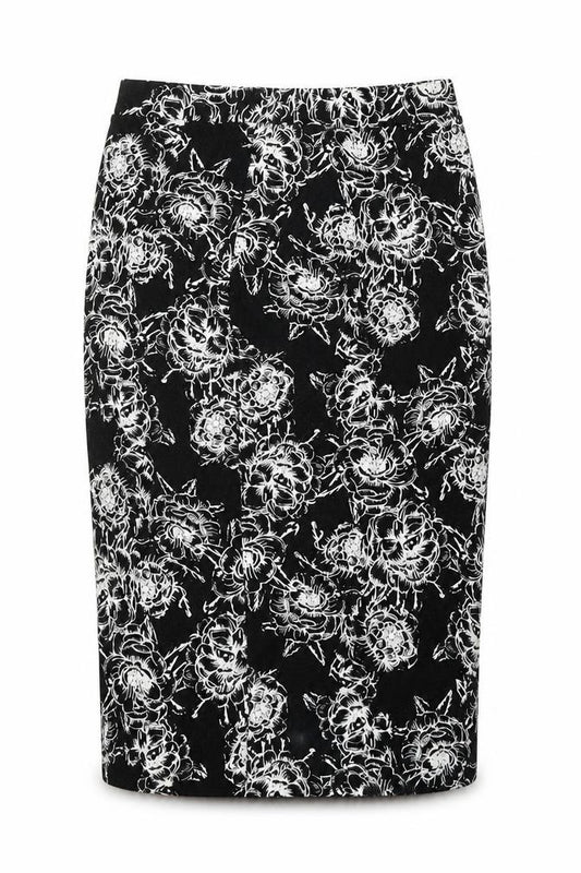 Front view of Papaya women’s black geometric cotton a-line skirt, size UK 8