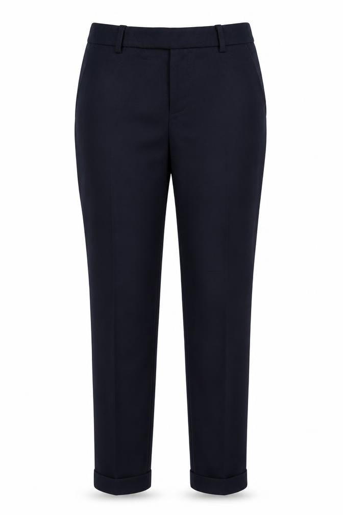 Front view of Savida women’s blue polyester trousers, size UK 10, 25-inch leg regular