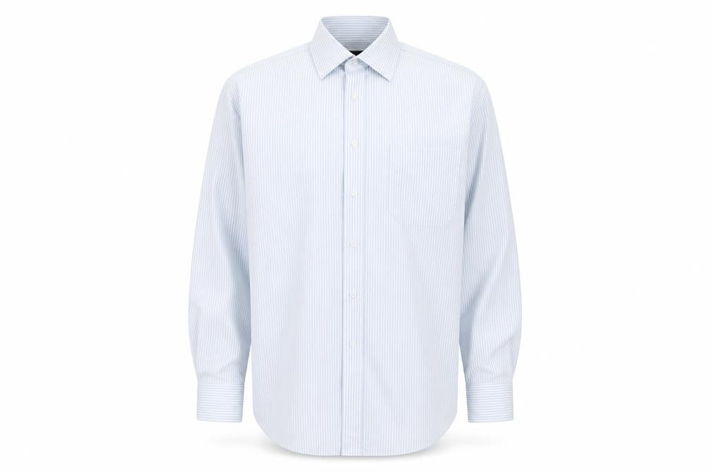 Front view of Marks & Spencer men’s blue striped cotton button-up, size 18, collared button