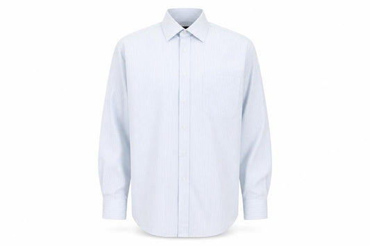Front view of Marks & Spencer men’s blue striped cotton button-up, size 18, collared button