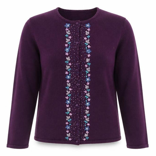 Holmewood Womens Purple Crew Neck Floral Acrylic Cardigan Jumper Size M