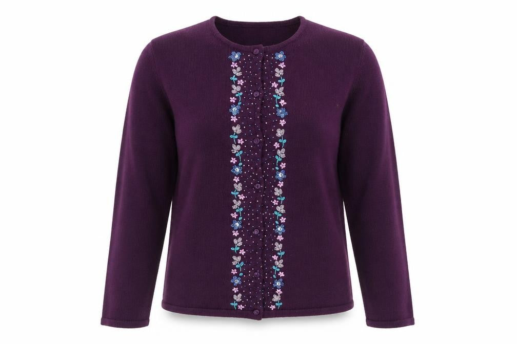 Holmewood Womens Purple Crew Neck Floral Acrylic Cardigan Jumper Size M