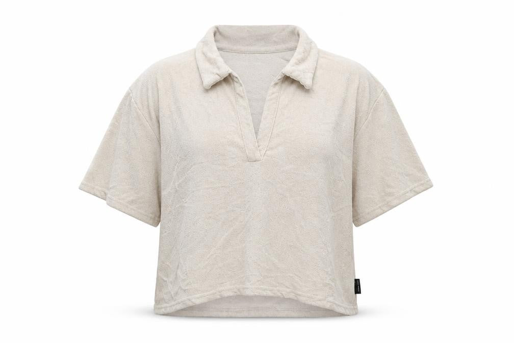 Front view of Gilly Hicks women’s beige viscose jersey polo, size L, collared