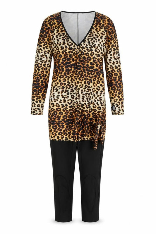 Front view of Lovehoney women’s multicoloured animal print polyester jumpsuit one-piece, size S, pullover - halloween, cat