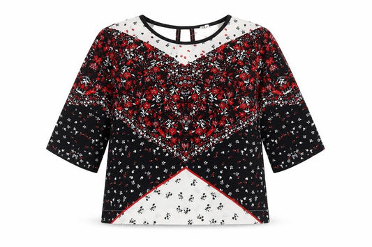 Front view of River Island women’s multicoloured floral polyester jersey blouse, size UK 6, round neck