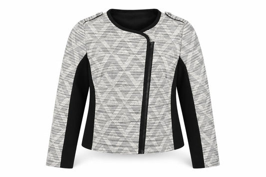 Front view of Tu women’s black geometric jacket, size UK 14, zip
