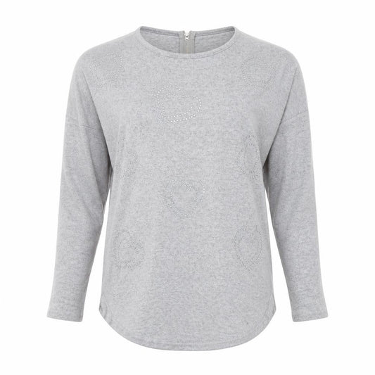 Front view of Quiz women’s grey round neck polyester full zip jumper, size M, - hearts