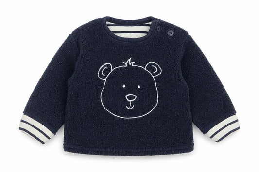 Front view of Mothercare boys’ blue polyester jumper, size 3-6, months button - bear