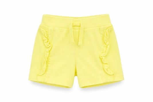 Front view of Primark girls’ yellow cotton cropped trousers, size 12-18, months drawstring