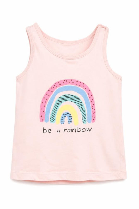 Front view of Primark girls’ pink cotton basic tank, size 12-18, months round neck - rainbow