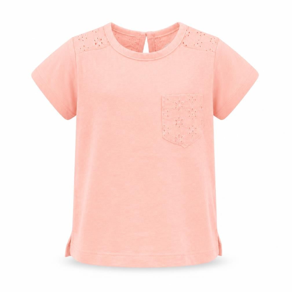 Front view of Primark girls’ orange polyester basic t-shirt, size 12-18, months crew neck button