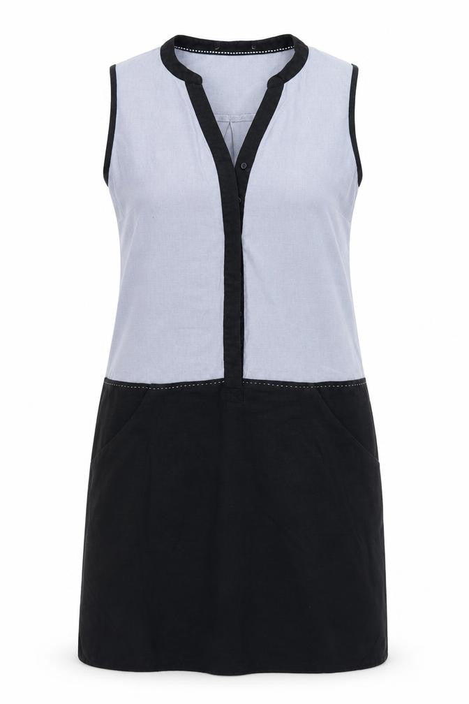 Front view of women’s grey cotton a-line, size S, v-neck button